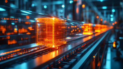 Futuristic technology concept with glowing cube data transfer and digital information network flow