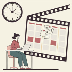 Woman planning project using laptop time management illustration