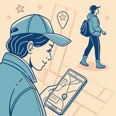Woman using navigation app illustration