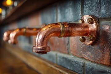 Copper Pipe Faucet Mounted on Textured Brick Wall in Dimly Lit Interior Space