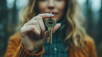 Woman holding key real estate agent property investment home ownership new house keys unlocking success
