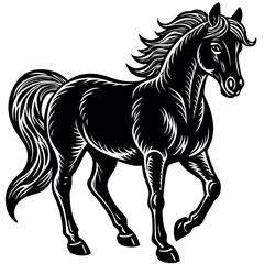 Horse trotting gracefully in black silhouette against a white background in artistic style Generative AI