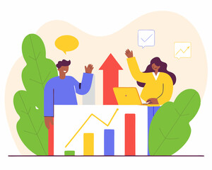 Abstract upward graph with people, in pastel style, symbolizing business success.
