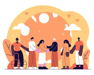 People of different backgrounds around a globe in pastel tones, promoting unity.