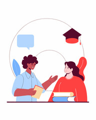 Teacher guiding student in a pastel-colored classroom, highlighting learning.