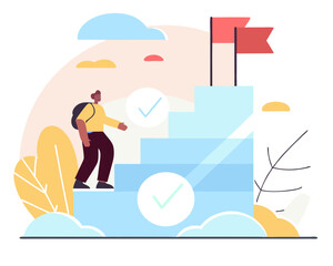 Person climbing steps with a flag on top in pastel style, representing productivity and goals.