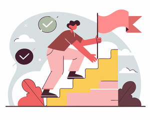 Person climbing steps with a flag on top in pastel style, representing productivity and goals.