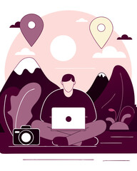 Digital nomad with laptop by nature (beach or mountain) in pastel colors, blending travel and work.