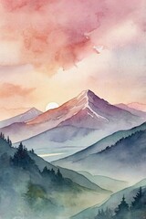 Calm, pastel watercolor background with a mountain landscape at dawn. Soft color transitions, gentle clouds.