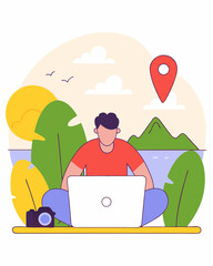 Digital nomad with laptop by nature (beach or mountain) in pastel colors, blending travel and work.