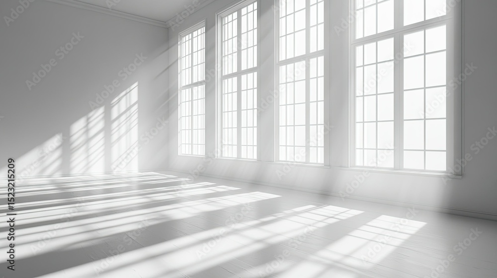 Poster bright light streaming through windows into an empty white room casting geometric shadows on the flo