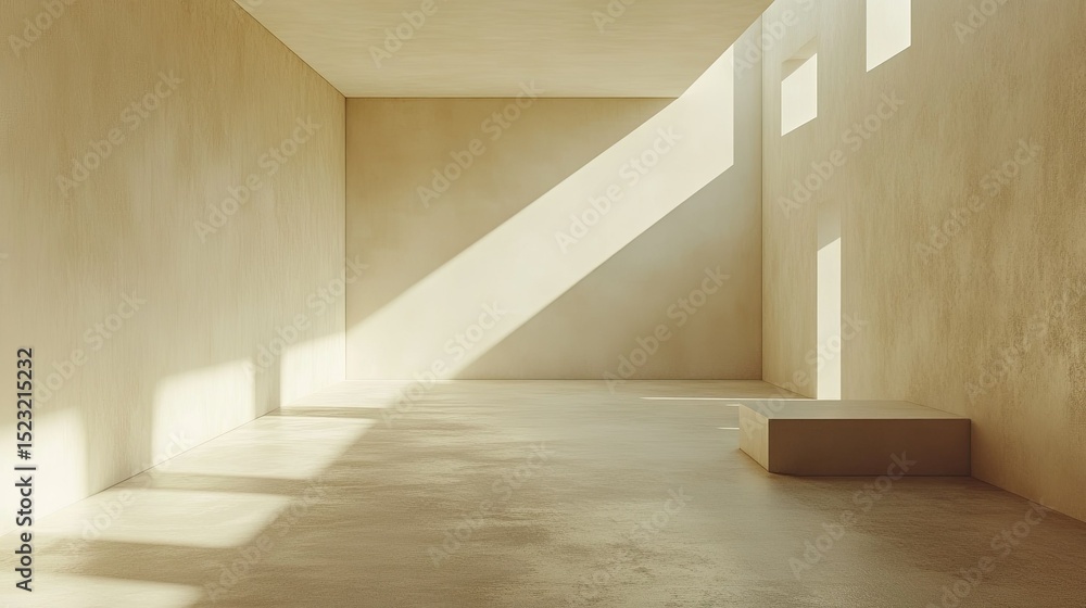 Poster minimalist room with sunlight streaming through windows creating shadows on the walls and floor