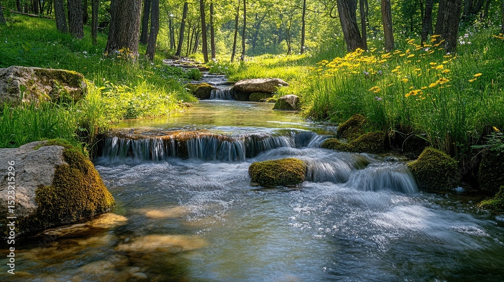 Aufkleber a scenic view of a small stream flowing through a lush green forest with sunlight shining through tr