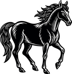 Strong black horse prancing gracefully in an artistic style against a plain background Generative AI
