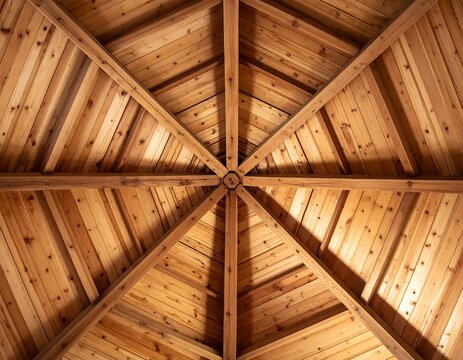 Wooden ceiling beams in a radial pattern