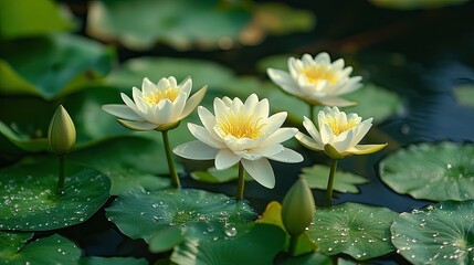 A serene view of white water lilies blooming amidst green lily pads in a tranquil pond setting