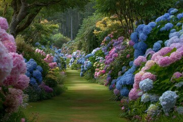 Lush hydrangea flower garden path with abundant blooms in pink and blue shades