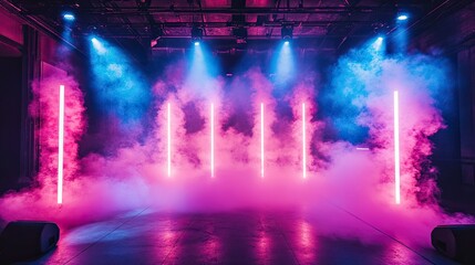 Illuminated stage with vertical neon lights and smoke under blue and pink spotlighting effect