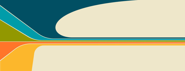 1970s sports/athletics vector banner with copyspace. Abstract Track and field stadium in vintage rainbow  colored stripes.