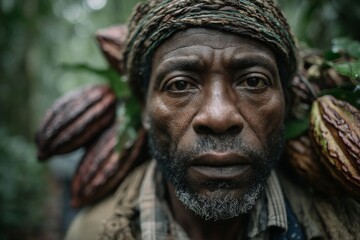 Close-up Portrait of a Black Man Carrying Cacao Fruit in a Tropical Setting