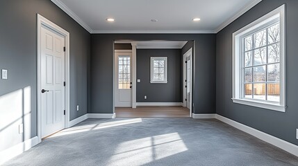 Interior view of a room with gray walls and white trim with doors and a large window view outside