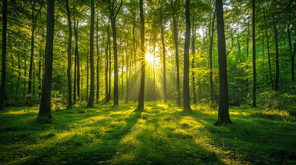 Obraz premium Sunlight through trees forest nature landscape green woods scenic light outdoor environment woodland rays 100