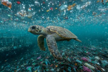 Fototapeta premium Sea Turtle Swimming Through Plastic Waste in the Ocean