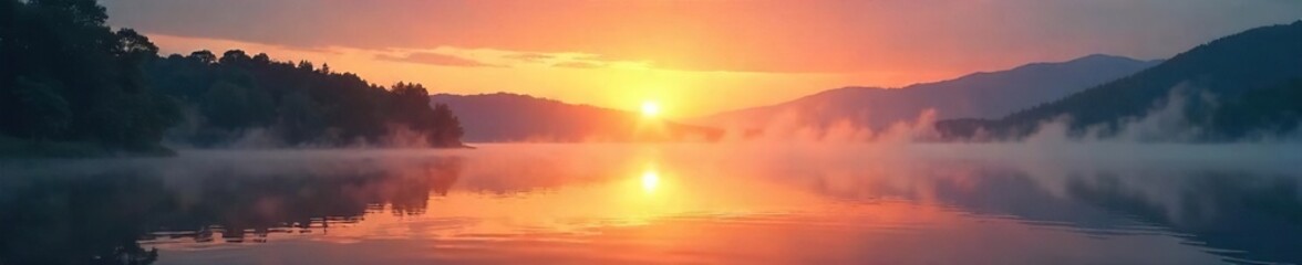 Obraz premium Serene sunrise over a tranquil lake, mist rising, conveying peace and spiritual awakening Perfect for meditation, yoga, or mindfulness themes , relaxation, tranquility