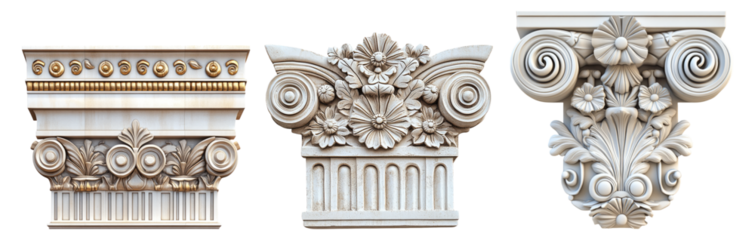 Ornate Classical Column Capitals with Floral and Scroll Designs Isolated Transparent Background