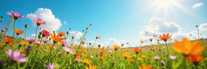 Sun-drenched wildflowers sway in a vibrant meadow, buzzing with unseen insects, under a vast, cloudless summer sky A feeling of untamed, joyful freedom pervades the scene , hot, summer, beauty