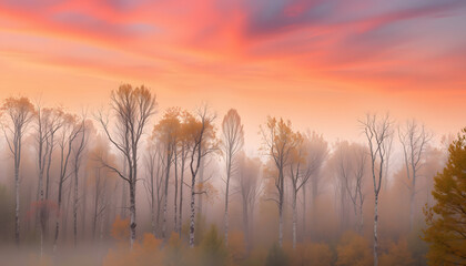 Fototapeta premium Majestic Autumn Foggy Birch Forest Scenic Wallpaper, silhouette. White tone