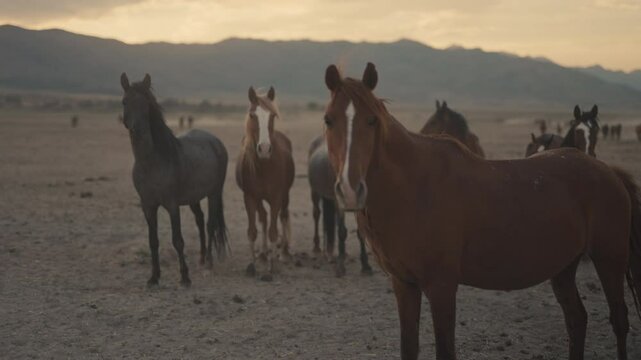 Wild horses running and grazing during sunset in the high desert mountains