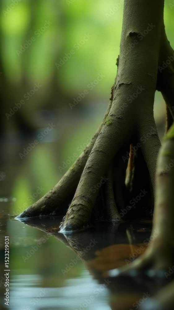 Poster A close-up shot of a tree trunk submerged in a body of water, with the surrounding environment blurred out