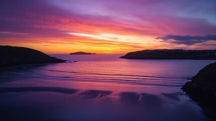 Breathtaking sunset over calm waters and distant islands, depicted with vibrant colors reflecting on the surface.