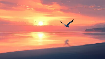 Naklejka premium A seagull soars over a tranquil sea at sunset, painting the horizon with beautiful hues of orange and pink.