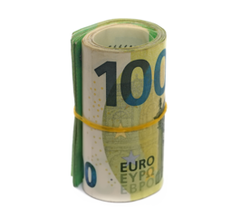 money rolls, rolled up hundred euro banknotes, bills tied up with rubber band isolated on white background