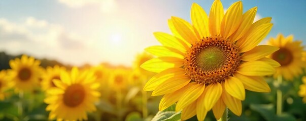 Obraz premium Vibrant yellow sunflower basking in the warm glow of sunlight, petals reaching towards the heavens A stunning display of nature's beauty and the power of the sun , outdoor, day