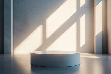 Minimalist Modern Stage Platform with Spotlight and Ambient Lighting for Creative Presentations - Elegant Interior Design in White Concrete 3D Space