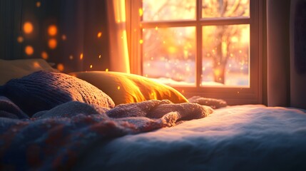 A soft blanket and a pillow on a cozy bed with a warm glow coming through the window