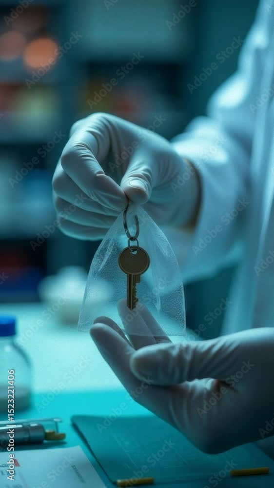 Poster a scientist holds a small key, likely used for research or experimentation