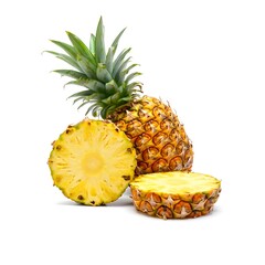 Fresh Pineapple with Rough Yellow-Brown Skin and Bright Yellow Flesh, Whole and Cross-Section Slices with Green Crown Leaves on White Background