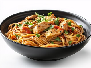 Delicious Homemade Chicken Spaghetti in Tomato Sauce with Herbs Italian Cuisine Comfort Food in Black Bowl