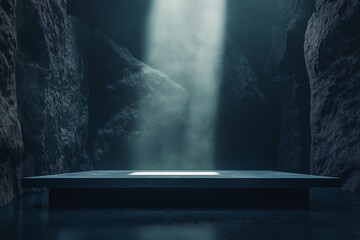 Moody Cave Reflection. Light and Shadow on Rock Platform in Mystical Surreal Scene