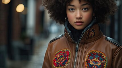 Fototapeta premium Woman in embroidered leather jacket, urban setting, focused portrait