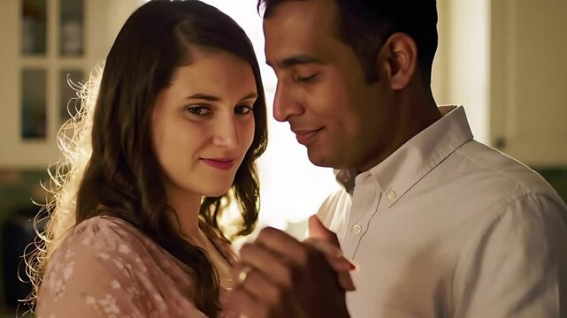 Expecting couple shares a tender dance in their kitchen: A pregnant woman and her partner sway gently, exchanging loving smiles and gazes in a heartwarming moment.