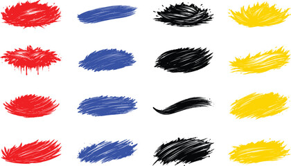 Red, blue, black and yellow rough marker brush ink line stroke on transparent background