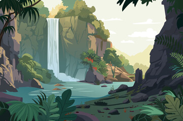This illustration showcases a stunning tropical waterfall among lush greenery and rocky terrain, highlighting the beauty of nature.