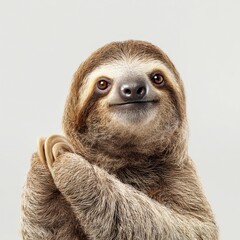 Fototapeta premium sloth holding one paw in front like signaling stop soft lighting clear white background