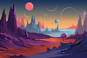 A vivid alien landscape featuring towering rock formations, distant planets, and a colorful sky transitioning from purple to orange.