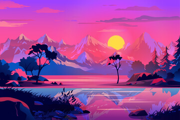 A beautiful landscape featuring mountains with a colorful sunset reflecting on a lake, surrounded by trees and rocks. Ideal for nature lovers.